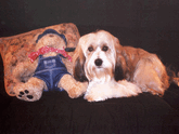 Sable Tibetan Terrier lying on a couch next to a Raggedy Ann Doll and a decorative pillow