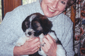 Woman in light blue sweather holding black-and-white Tibetan Terrier puppy