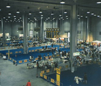 Overview of three show rings at the World Dog Show in Italy, 2000